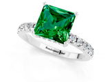 Platinum Princess Cut Emerald Solitaire Ring with Round  Pavé Band and Four-Prong Setting_37