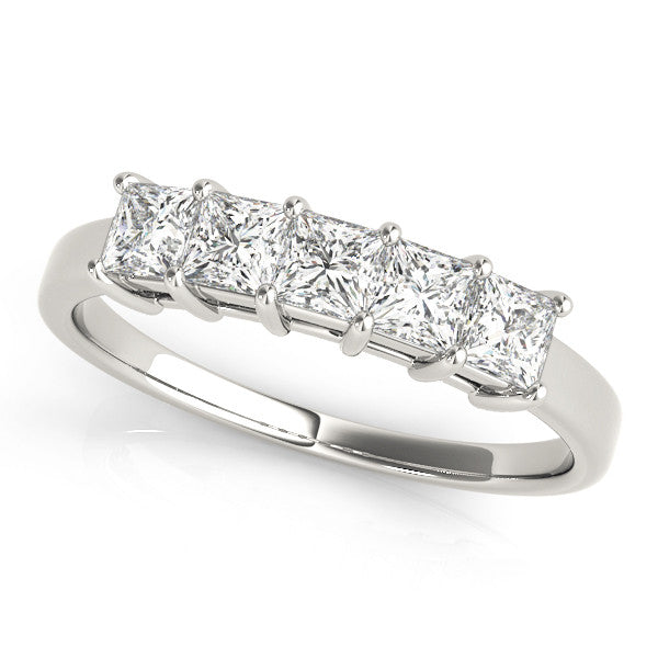 Platinum Princess Cut Five-Stone Diamond White Gold Band with Prong Setting