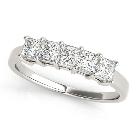 Platinum Princess Cut Five-Stone Diamond White Gold Band with Prong Setting