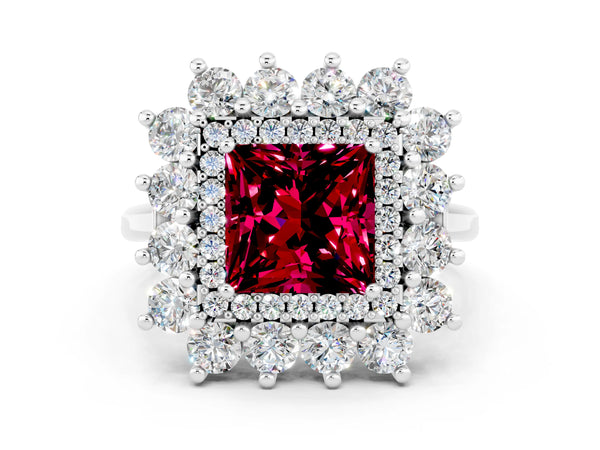 Platinum Princess Cut Garnet Floral Double Halo Engagement Ring with Prong Setting