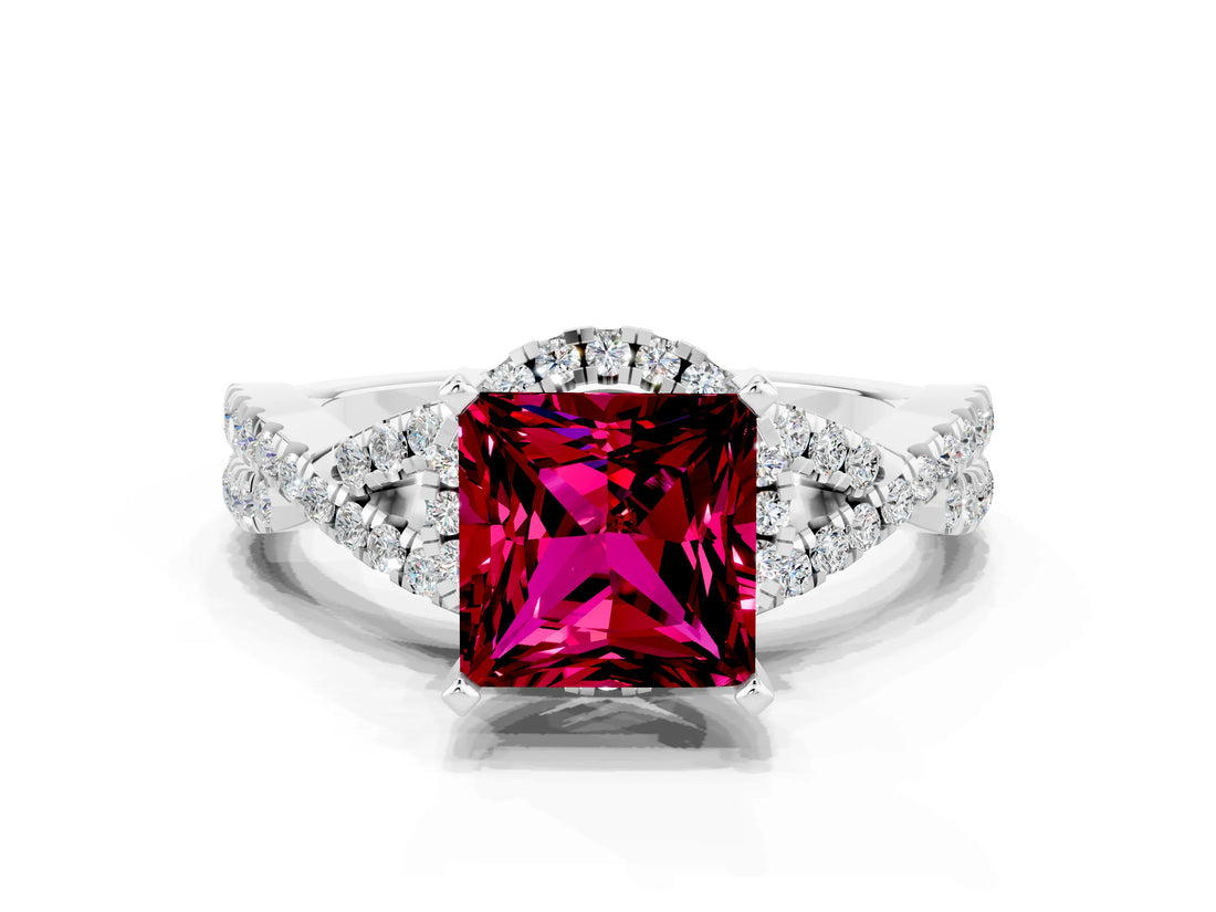 Platinum Princess Cut Garnet  Halo Twist Band Solitaire Prong Setting Ring_12