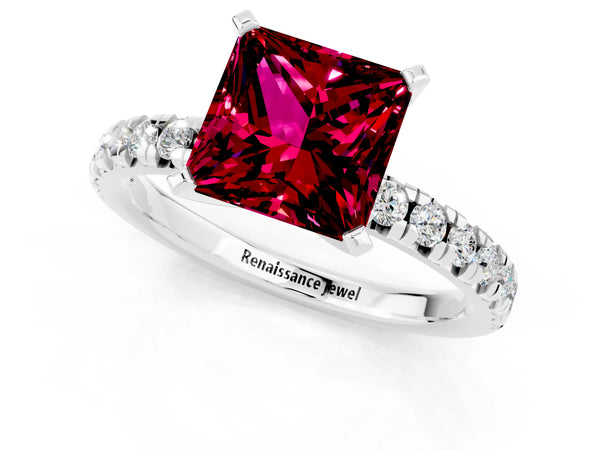Platinum Princess Cut Garnet Solitaire Pavé Engagement Ring with Round Band and Prong Setting