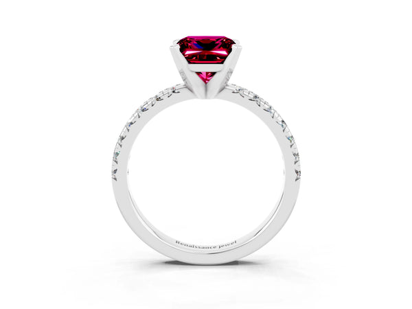 Platinum Princess Cut Garnet Solitaire Pavé Engagement Ring with Round Band and Prong Setting
