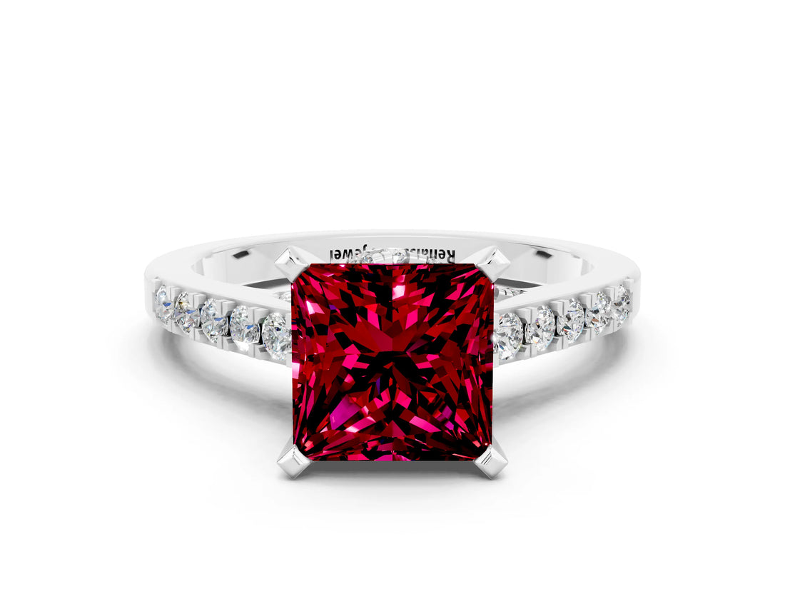 Platinum Princess Cut Garnet Solitaire Ring with Crossover Gallery and Round  Pavé Band_48