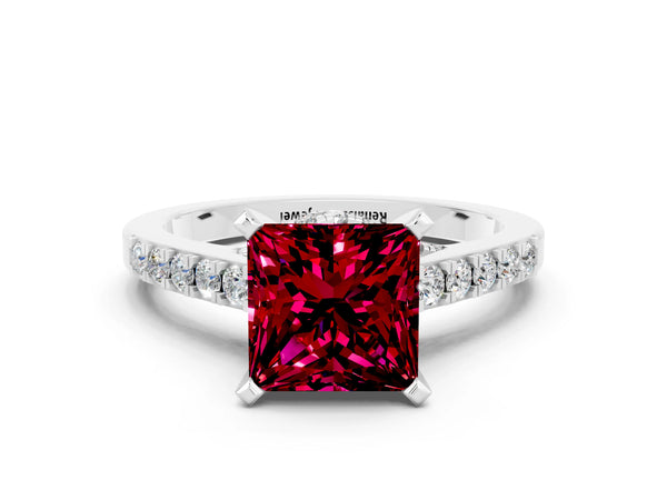 Platinum Princess Cut Garnet Solitaire Ring with Crossover Gallery and Round  Pavé Band