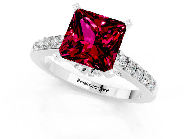 Platinum Princess Cut Garnet Solitaire Ring with Crossover Gallery and Round  Pavé Band