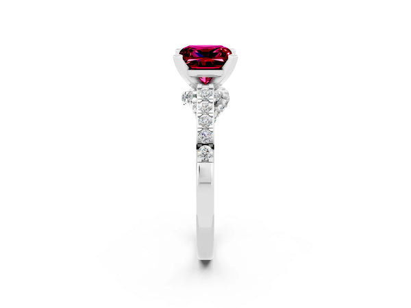 Platinum Princess Cut Garnet Solitaire Ring with Crossover Gallery and Round  Pavé Band