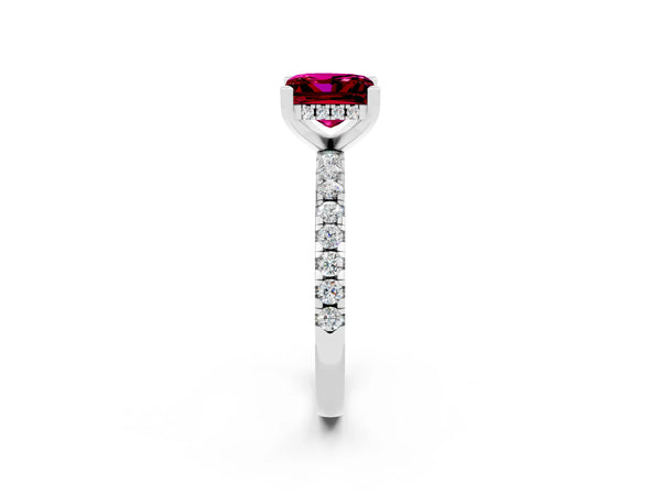 Platinum Princess Cut Garnet Solitaire Ring with Round Pavé Band and Four-Prong Setting