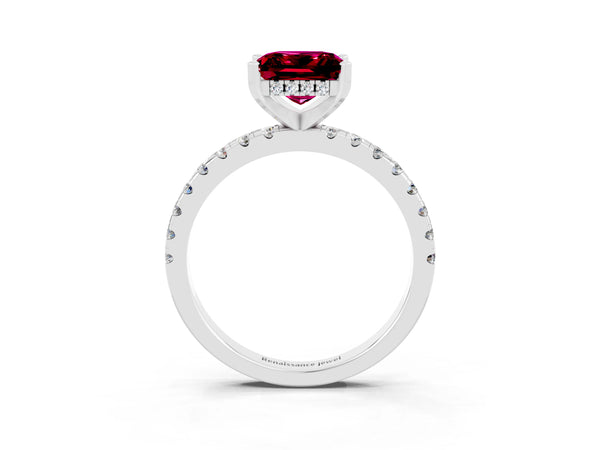 Platinum Princess Cut Garnet Solitaire Ring with Round Pavé Band and Four-Prong Setting