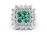 Platinum Princess Cut Green Sapphire Floral Double Halo Engagement Ring with Prong Setting_156