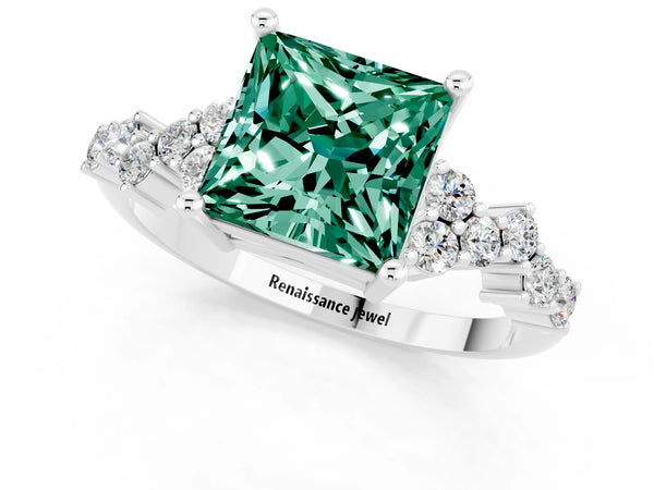 Platinum Princess Cut Green Sapphire Scattered Round Accent Ring with Prong Setting