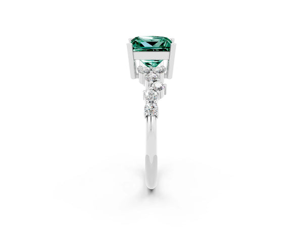 Platinum Princess Cut Green Sapphire Scattered Round Accent Ring with Prong Setting