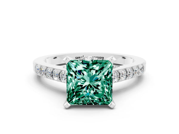 Platinum Princess Cut Green Sapphire Solitaire Ring with Crossover Gallery and Round  Pavé Band