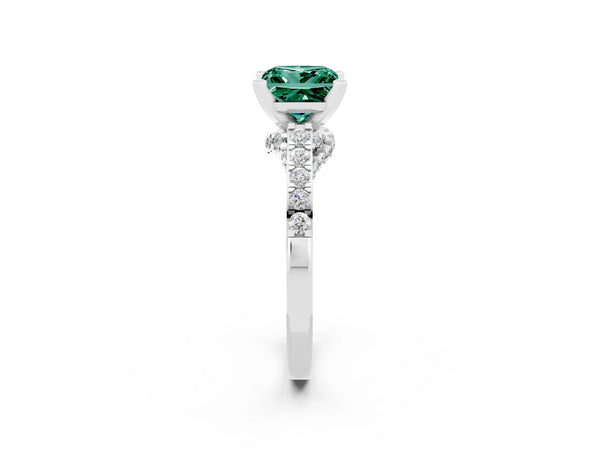 Platinum Princess Cut Green Sapphire Solitaire Ring with Crossover Gallery and Round  Pavé Band