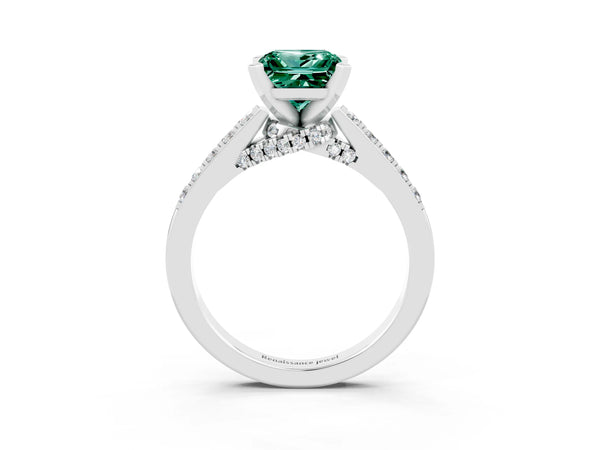 Platinum Princess Cut Green Sapphire Solitaire Ring with Crossover Gallery and Round  Pavé Band
