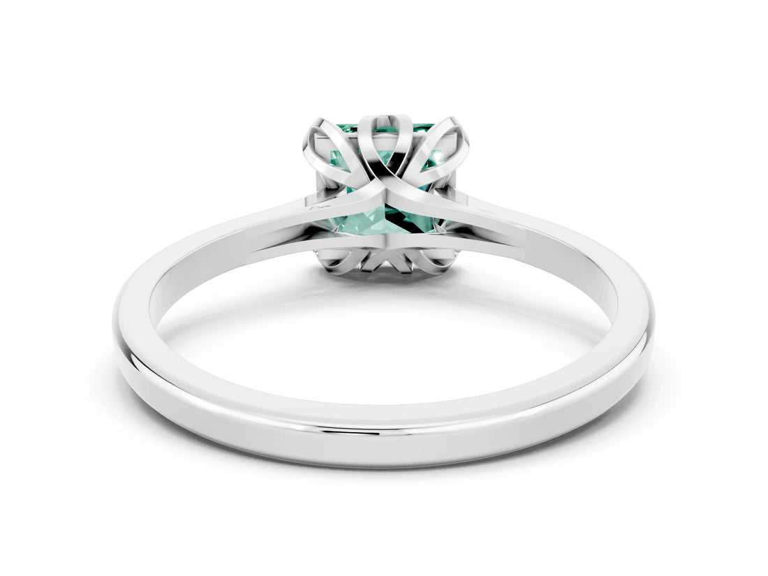 Platinum Princess Cut Green Sapphire Solitaire Ring with Flower Prong Setting and Classic Band
