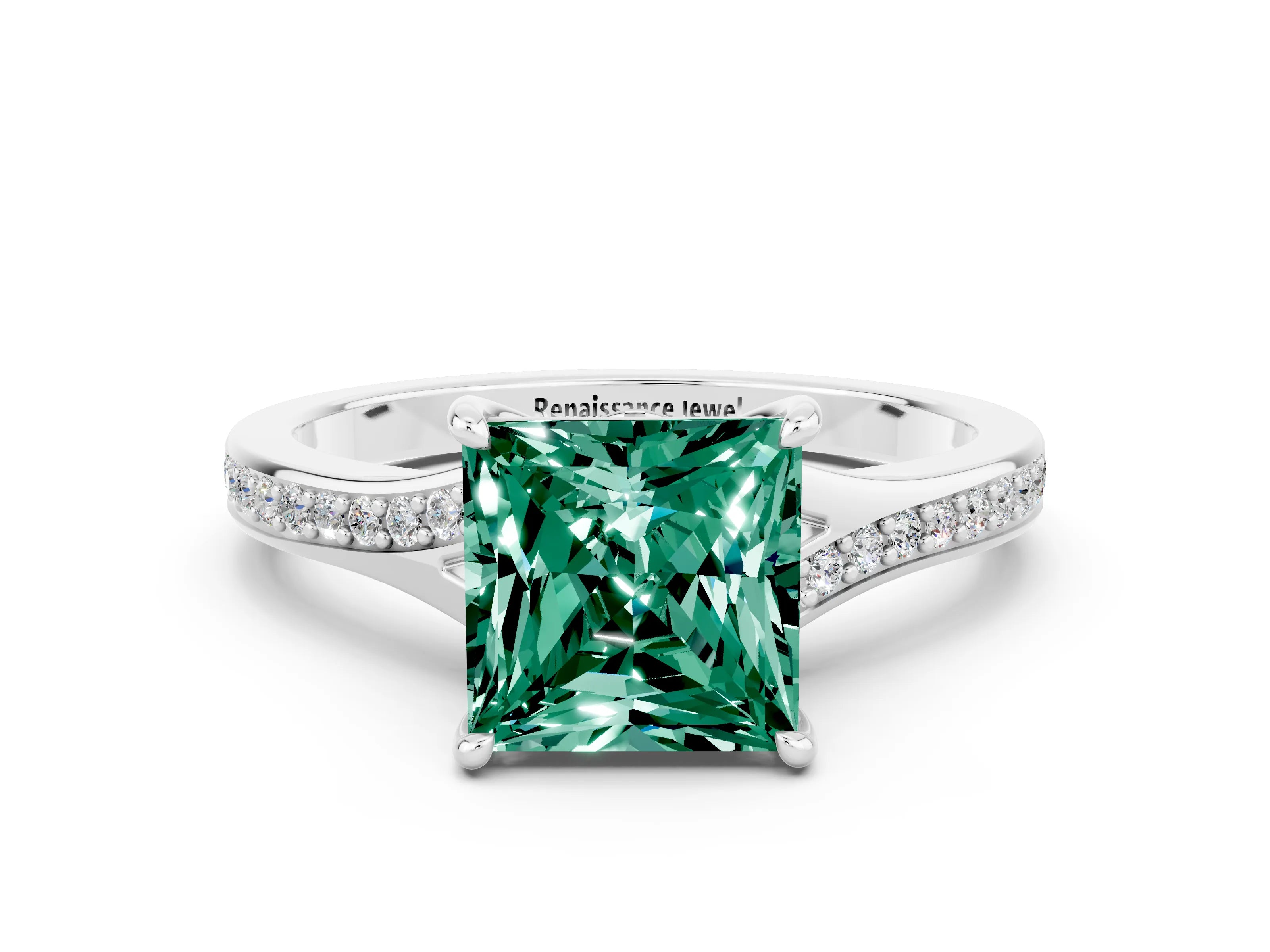 Platinum Princess Cut Green Sapphire Solitaire Ring with Pavé Band and Prong Setting_12