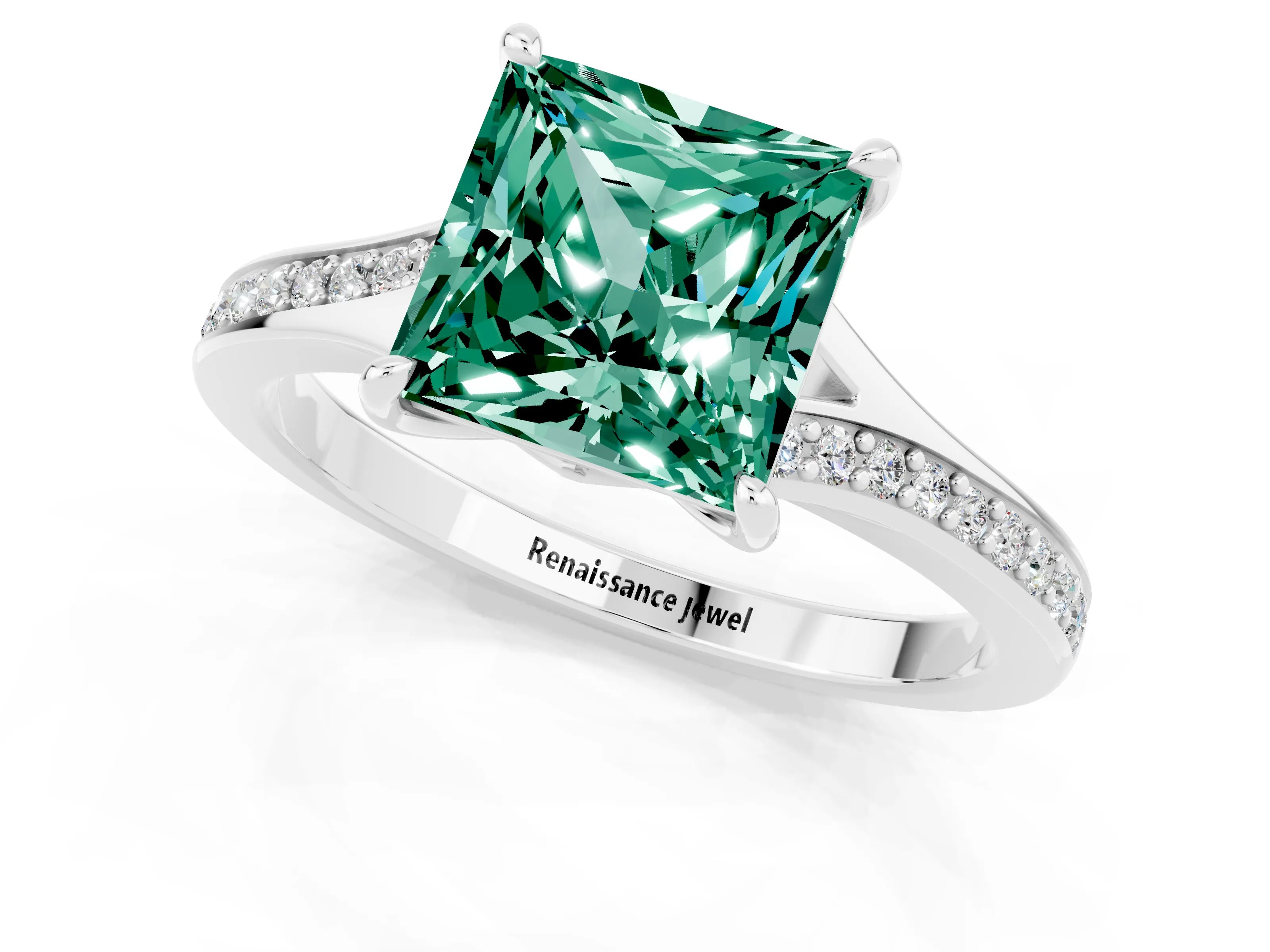 Platinum Princess Cut Green Sapphire Solitaire Ring with Pavé Band and Prong Setting_13
