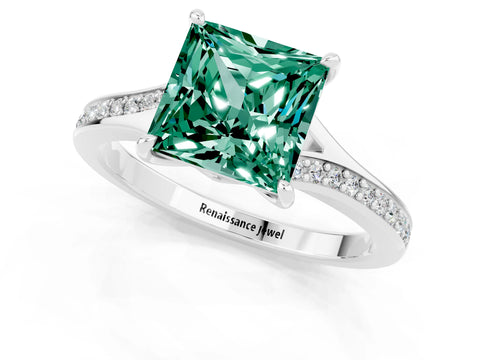 Platinum Princess Cut Green Sapphire Solitaire Ring with Pavé Band and Prong Setting_13