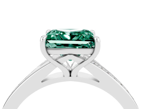 Platinum Princess Cut Green Sapphire Solitaire Ring with Pavé Band and Prong Setting_16