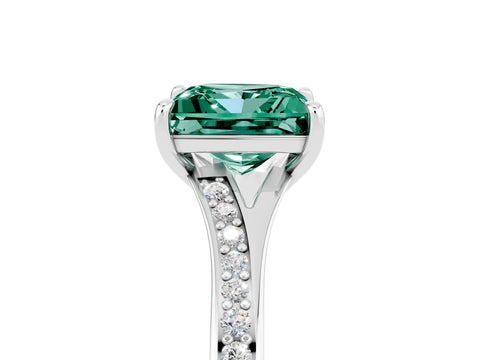 Platinum Princess Cut Green Sapphire Solitaire Ring with Pavé Band and Prong Setting_17