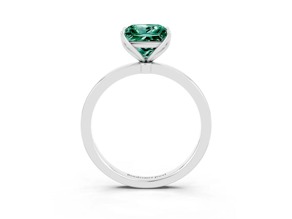 Platinum Princess Cut Green Sapphire Solitaire Ring with Thin Band and Prong Setting