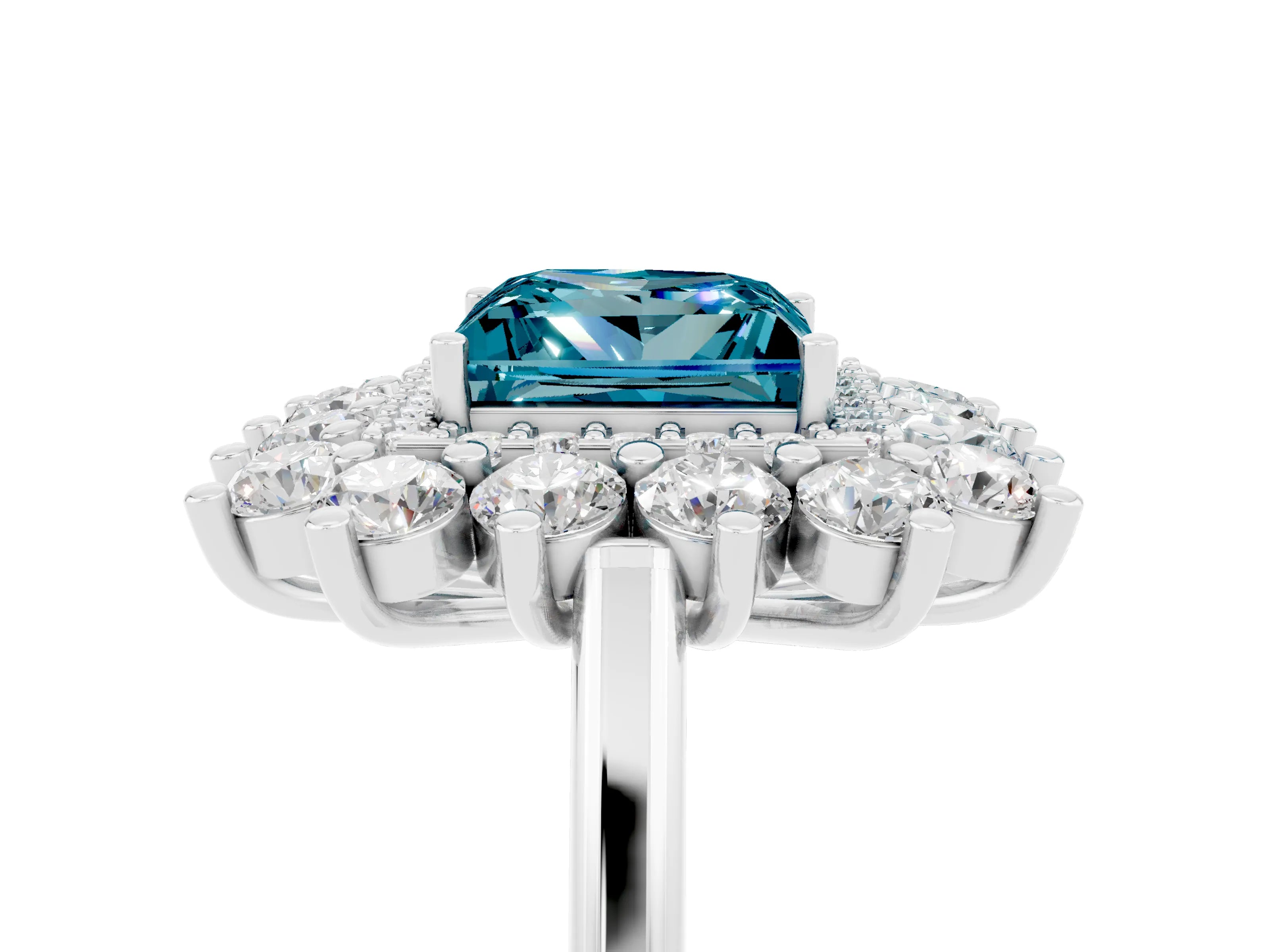Platinum Princess Cut Halo Cluster Diamond Ring with Pave Band and Four-Prong Setting_11