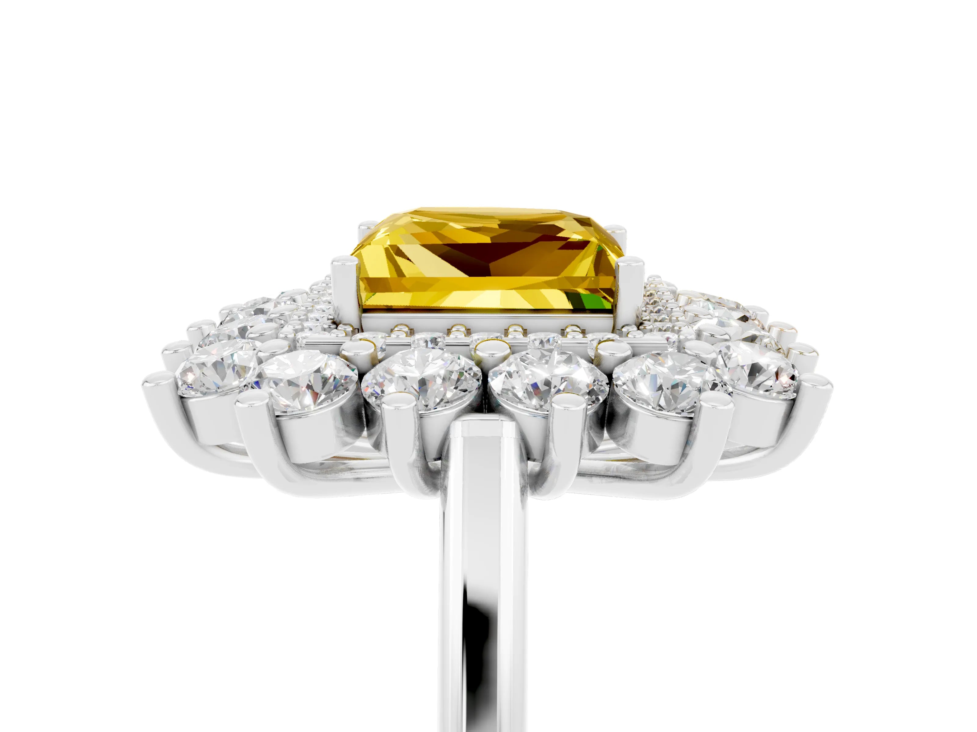 Platinum Princess Cut Halo Cluster Diamond Ring with Pave Band and Four-Prong Setting_11