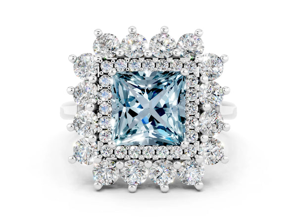 Platinum Princess Cut Aquamarine Floral Double Halo Engagement Ring with Prong Setting