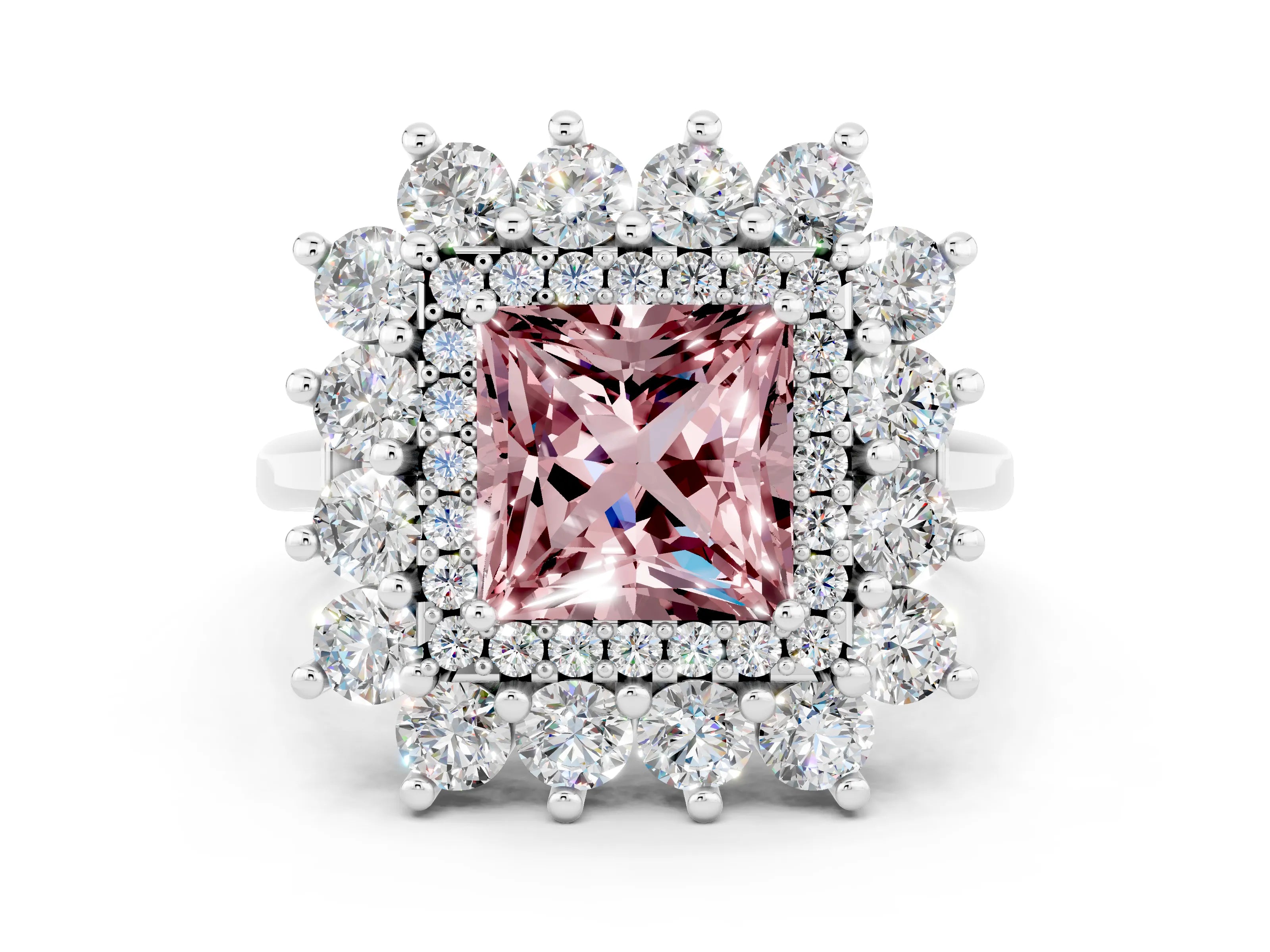 Platinum Princess Cut Halo Cluster Diamond Ring with Pave Band and Four-Prong Setting_18