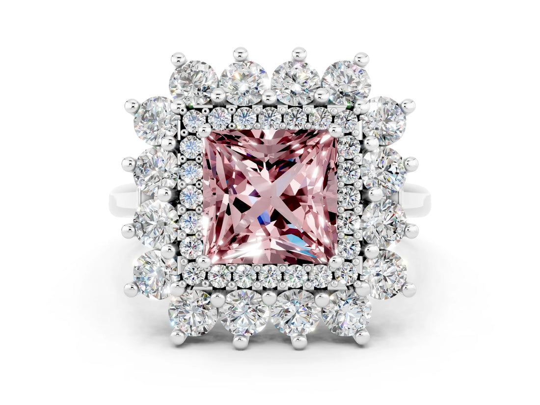 Platinum Princess Cut Halo Cluster Diamond Ring with Pave Band and Four-Prong Setting_18