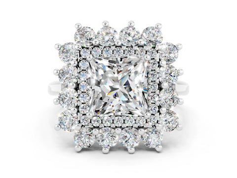 Platinum Princess Cut Halo Cluster Diamond Ring with Pave Band and Four-Prong Setting_18