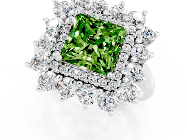 Platinum Princess Cut Peridot Floral Double Halo Engagement Ring with Prong Setting