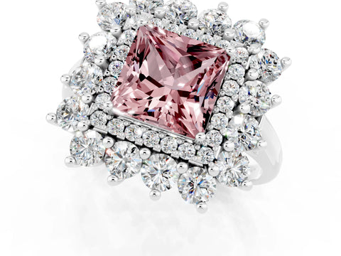Platinum Princess Cut Halo Cluster Diamond Ring with Pave Band and Four-Prong Setting_19