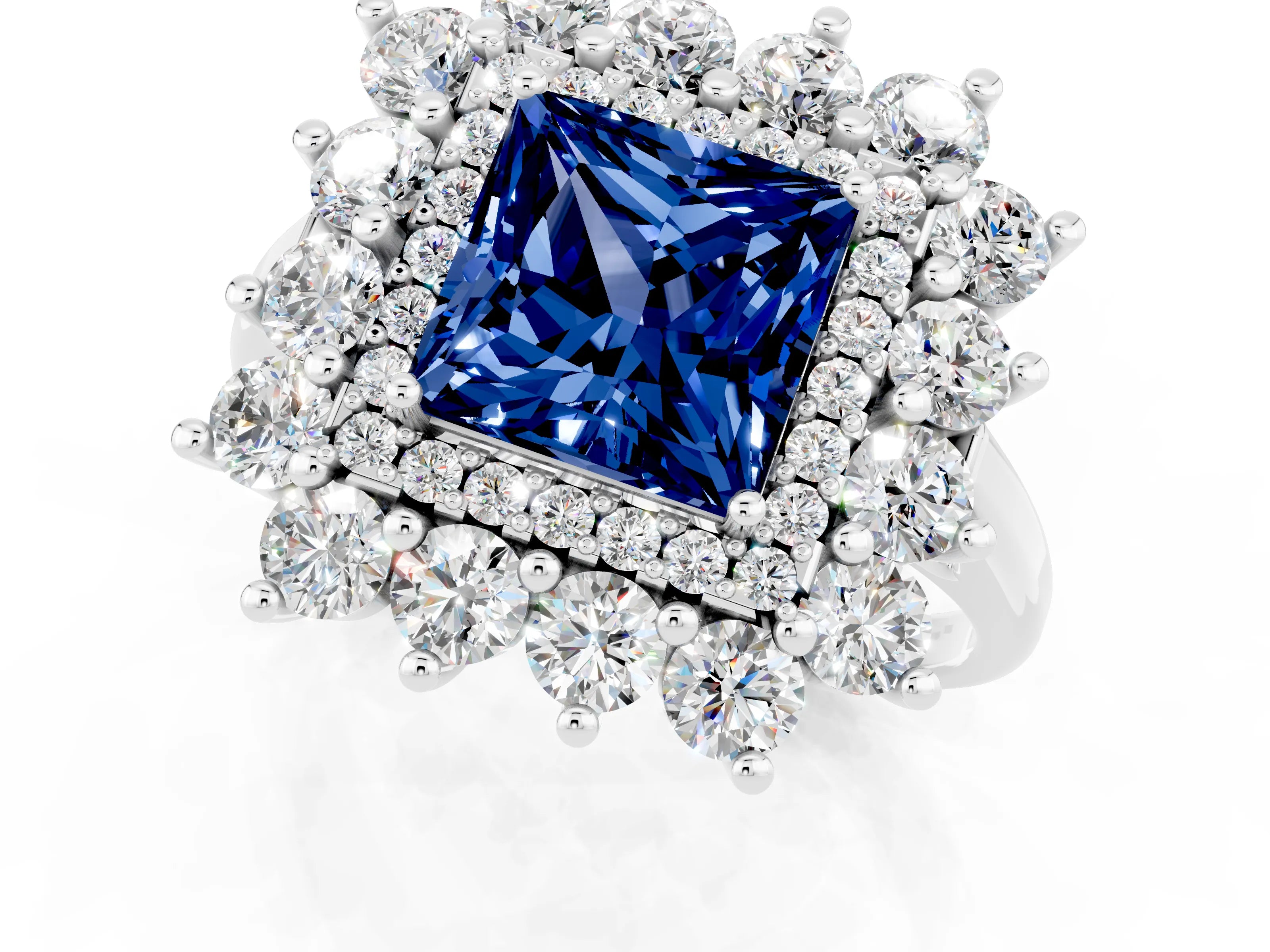 Platinum Princess Cut Halo Cluster Diamond Ring with Pave Band and Four-Prong Setting_19