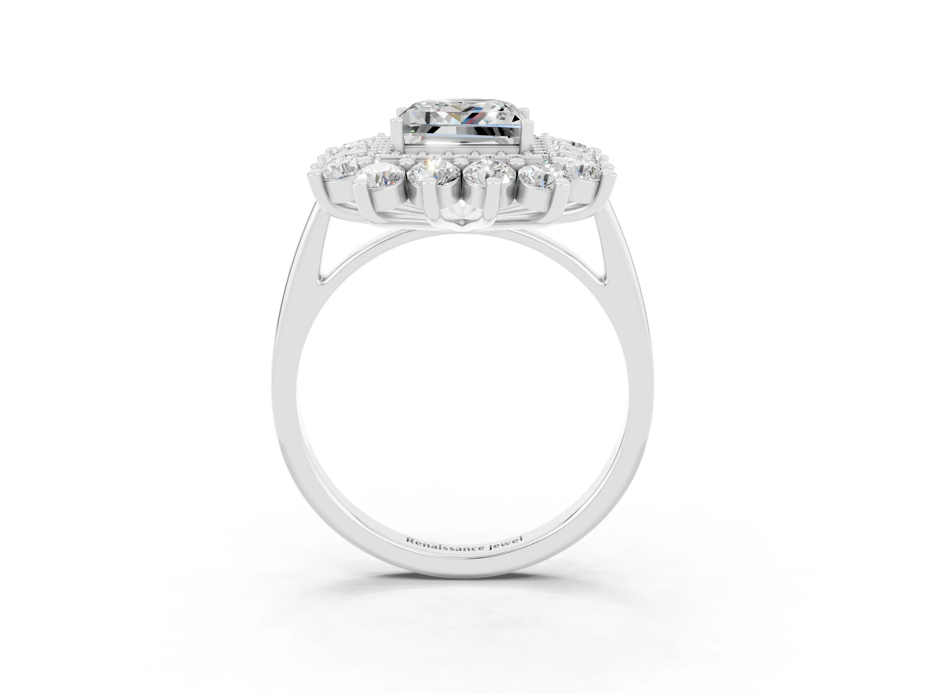 Platinum Princess Cut Halo Cluster Diamond Ring with Pave Band and Four-Prong Setting_21
