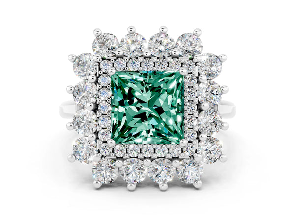 Platinum Princess Cut Green Sapphire Floral Double Halo Engagement Ring with Prong Setting