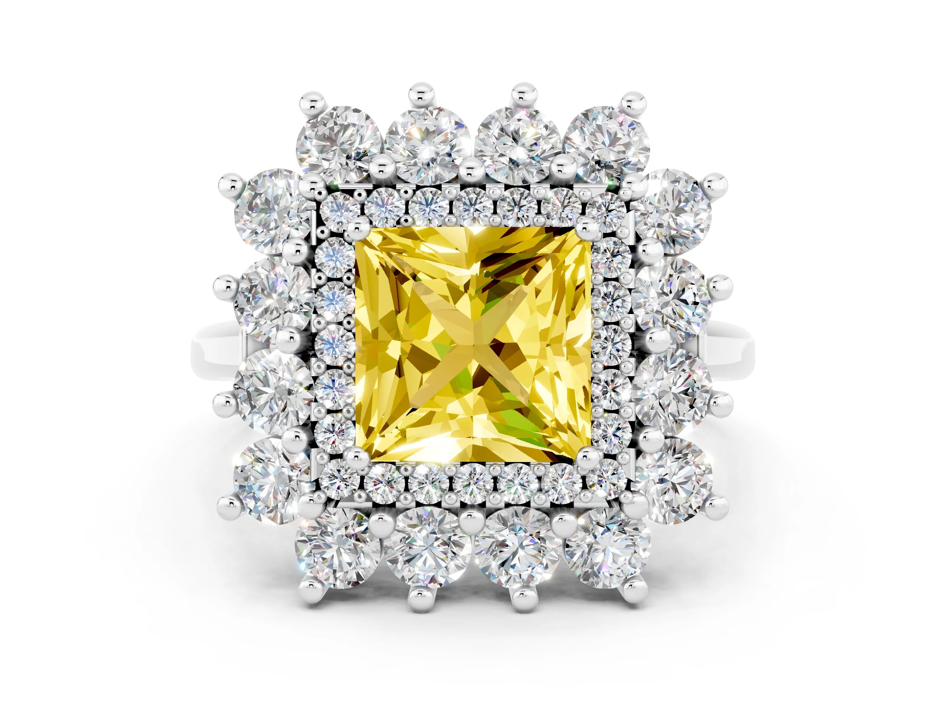 Platinum Princess Cut Halo Cluster Diamond Ring with Pave Band and Four-Prong Setting_6