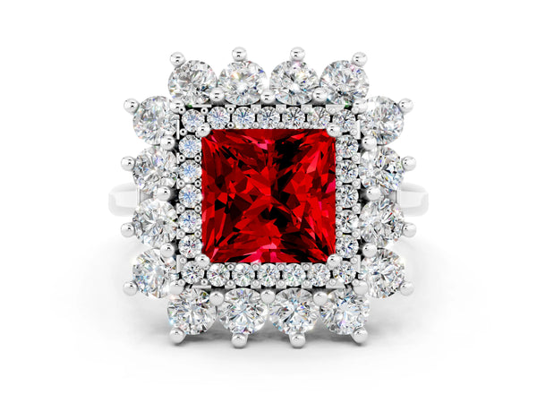 Platinum Princess Cut Ruby Floral Double Halo Engagement Ring with Prong Setting