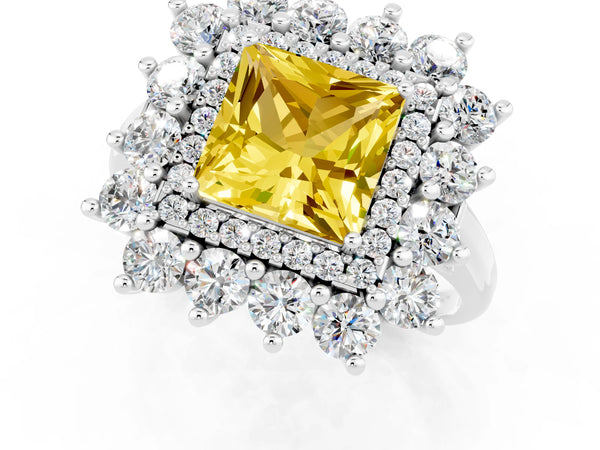 Platinum Princess Cut Yellow Sapphire Floral Double Halo Engagement Ring with Prong Setting