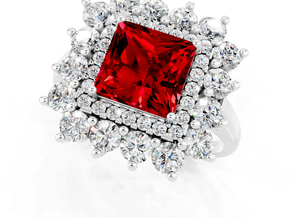 Platinum Princess Cut Ruby Floral Double Halo Engagement Ring with Prong Setting