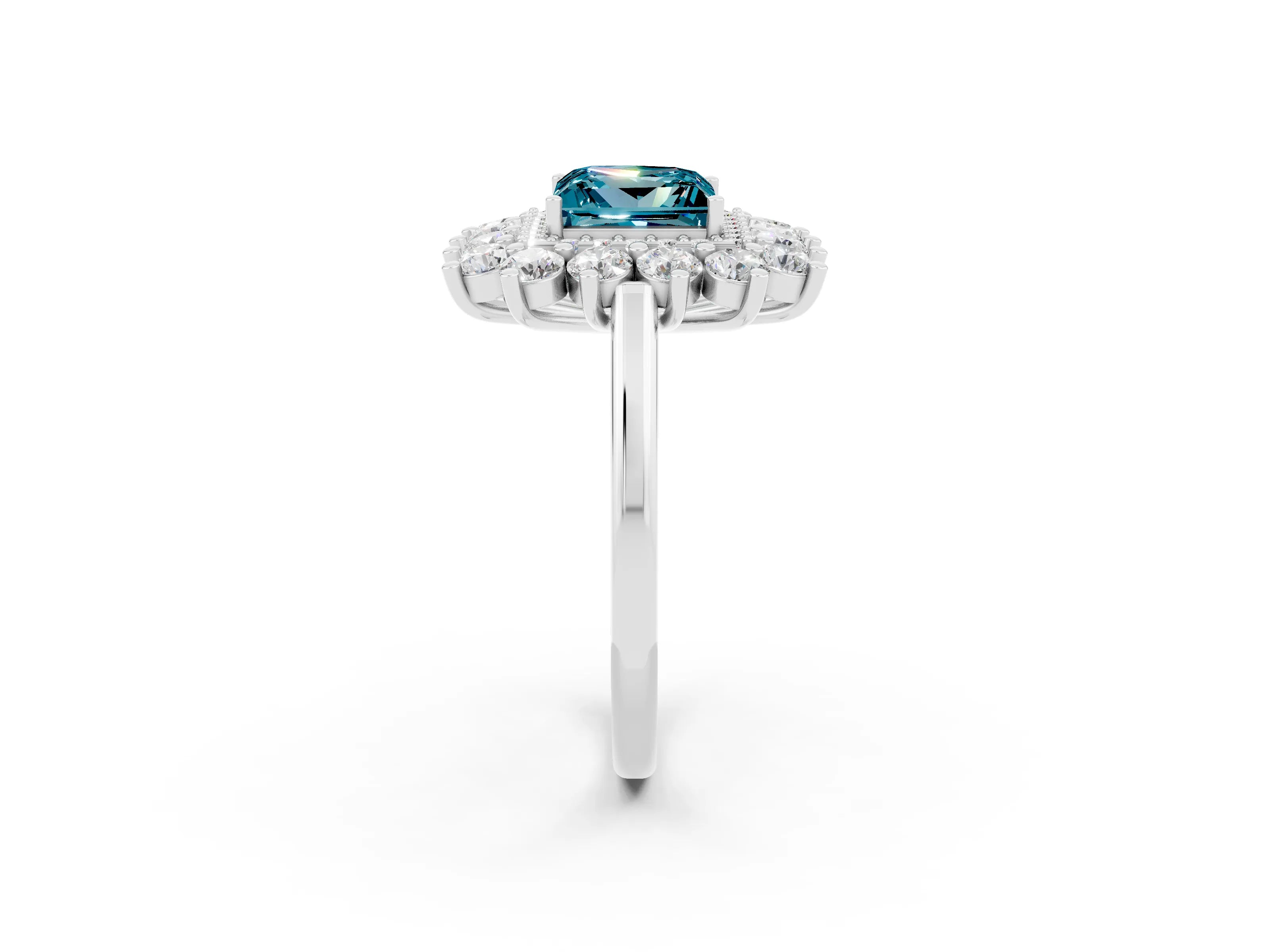 Platinum Princess Cut Halo Cluster Diamond Ring with Pave Band and Four-Prong Setting_8