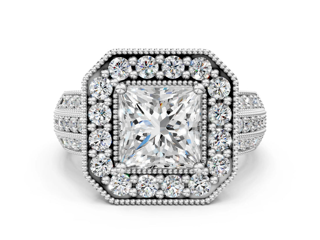 Platinum Princess Cut Halo Diamond Engagement Ring with Pave Split Shank and Four-Prong Setting_7