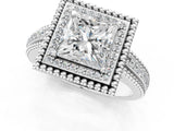 Platinum Princess Cut Halo Diamond Ring with Beaded Split Shank and Four-Prong Setting_14