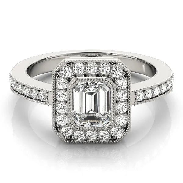 Platinum Princess-Cut Halo Diamond Ring with Pavé Band and Milgrain Prong Setting