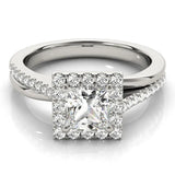 Platinum Princess Cut Halo Diamond Ring with Split Shank and Four-Prong Setting 1