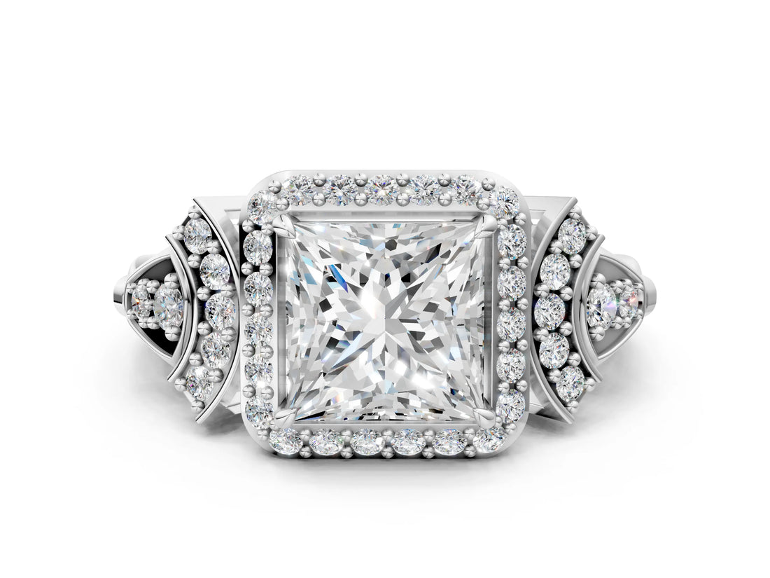 Platinum Princess Cut Halo Diamond Split Shank Engagement Ring with Four-Prong Setting_13