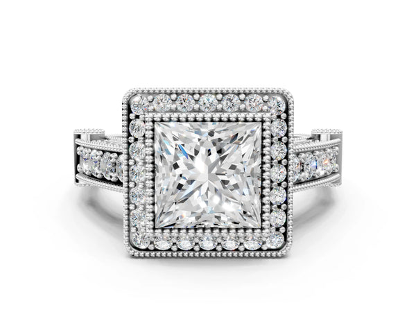Platinum Princess Cut Vintage Bezel Halo Engagement Ring Setting