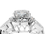 Platinum Princess Cut Halo Milgrain Diamond Engagement Ring with Leaf Band and Four-Prong Setting_11