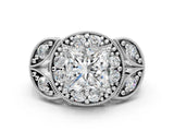 Platinum Princess Cut Halo Milgrain Diamond Engagement Ring with Leaf Band and Four-Prong Setting_7